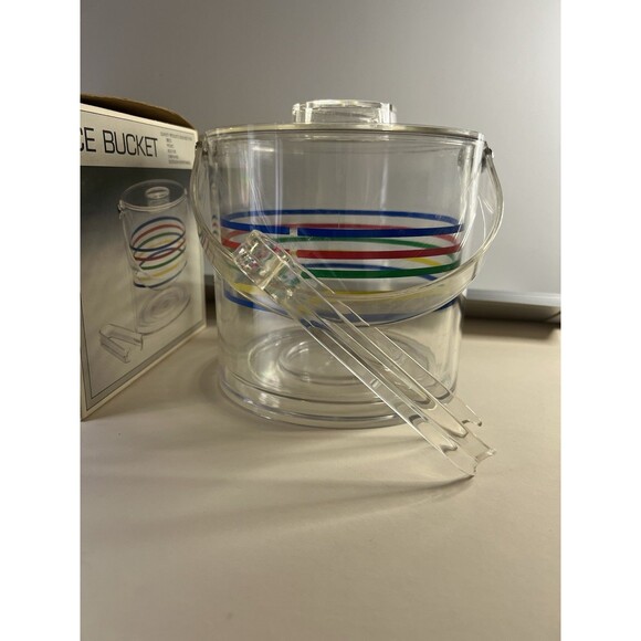 Acrylic IceBucket with Rainbow Stripes Mid-CenturyModern Barware, Box 1980’s VTG - Picture 3 of 7
